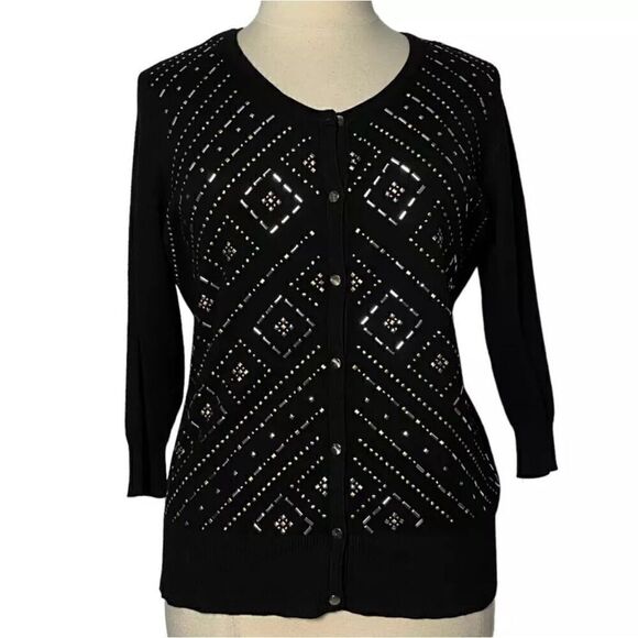 JM Collection Women Sweater Cardigan 3/4 Sleeve Button Front Studded Front - Picture 1 of 6